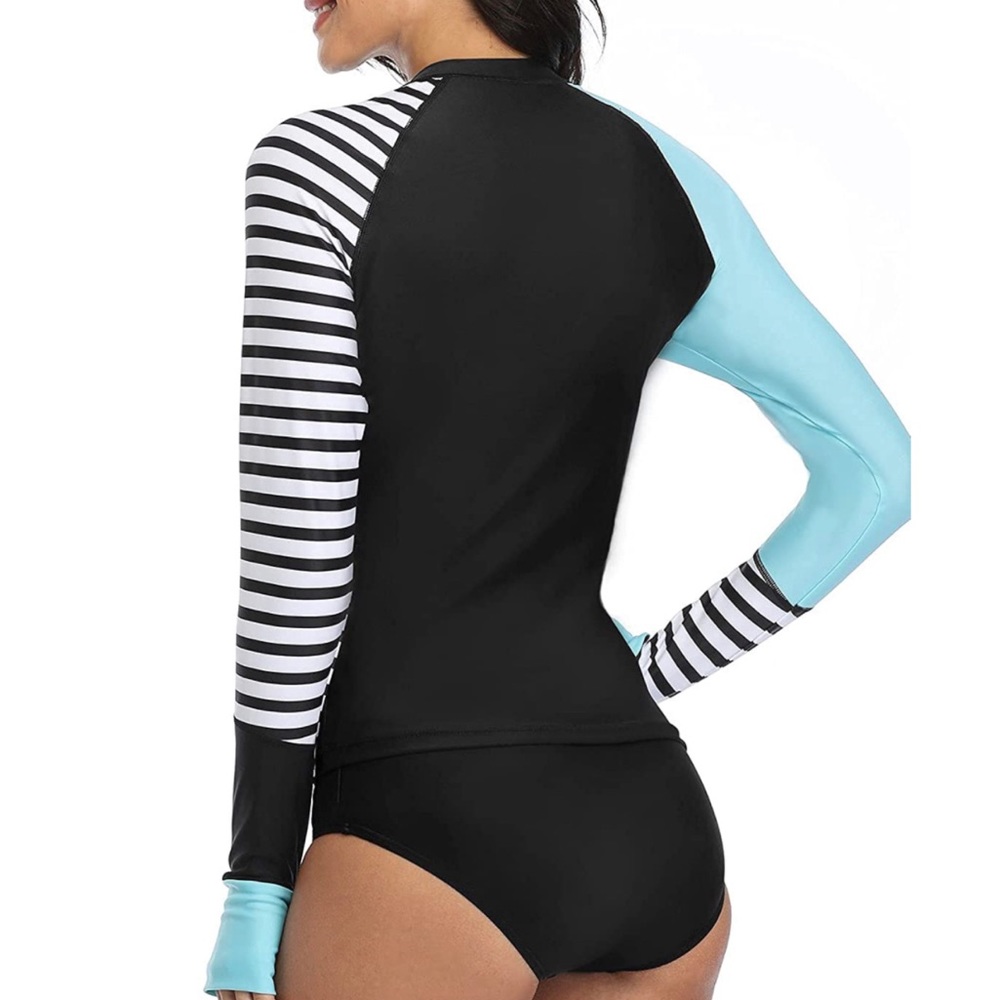Striped Black and Aqua Women's Swim Top - Picture 3 of 8